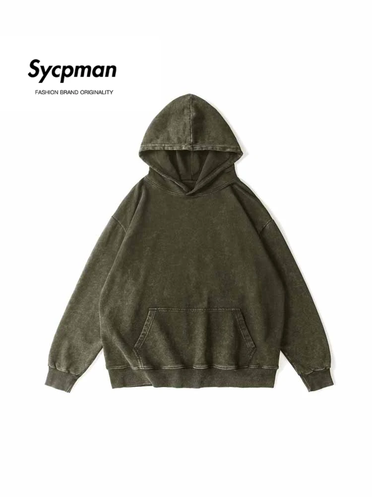 

Sycpman Vintage Spliced Solid Hoodie for Men Autumn and Winter Cotton Loose Hoodies Couple Streetwear Clothing