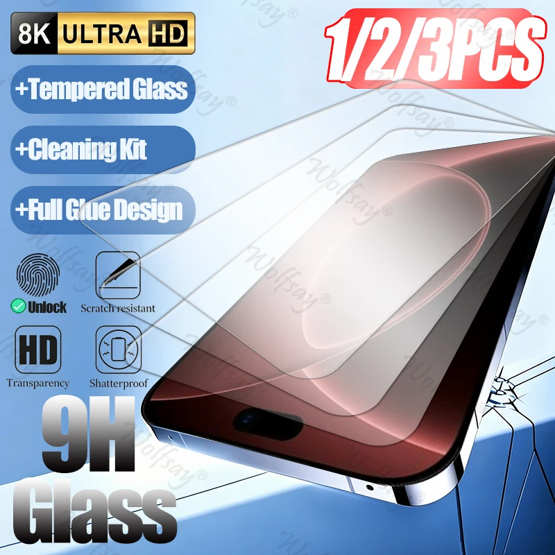 1/2/3PCS Tempered Glass For iPhone 18 Pro Max Screen Protector For apple iPhone 14 15 16 17 18 Pro Max Full Glue Phone Glass