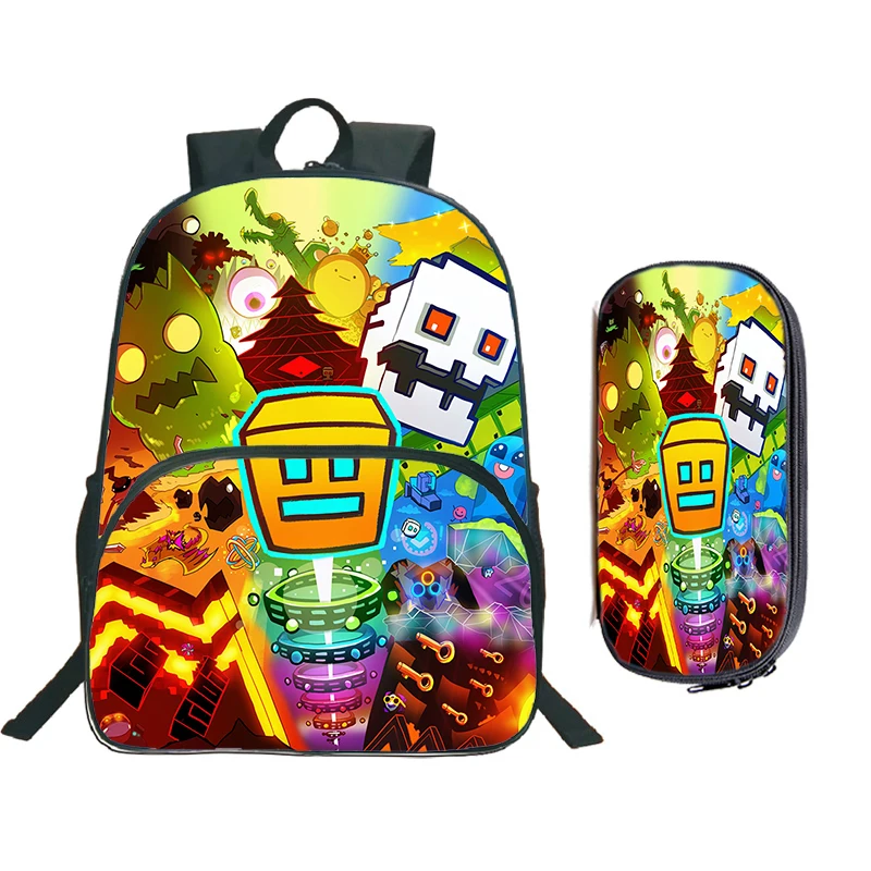 Jogo Geometry Dash Print Mochila com estojo para crianças, mochila dos desenhos animados com raiva, bolsa para laptop de grande capacidade