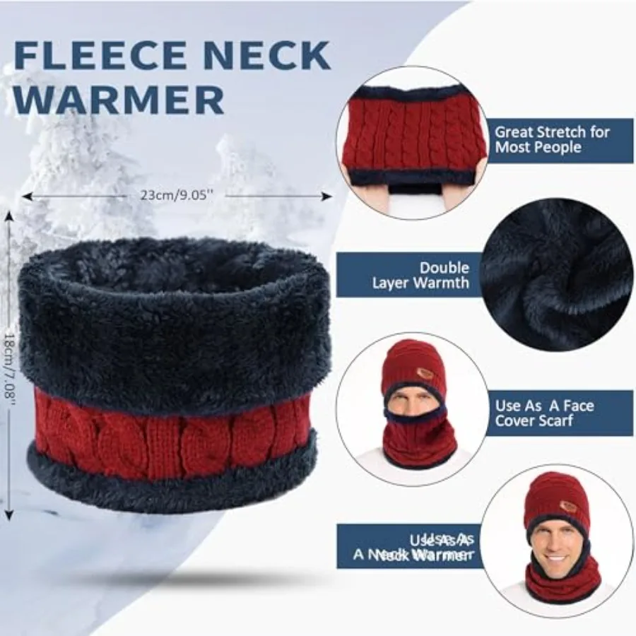 남녀 공용 겨울 비니 모자 스카프 세트 따뜻한 니트 두꺼운 플리스 안감 스컬 캡 넥 워머