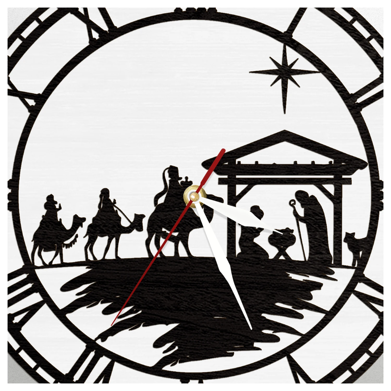 Nativity Scene LED Lighting Wall Clock Christmas Holy Birth Glowing Silhouette Wooden Wall Clock Religious Christian Home Decor