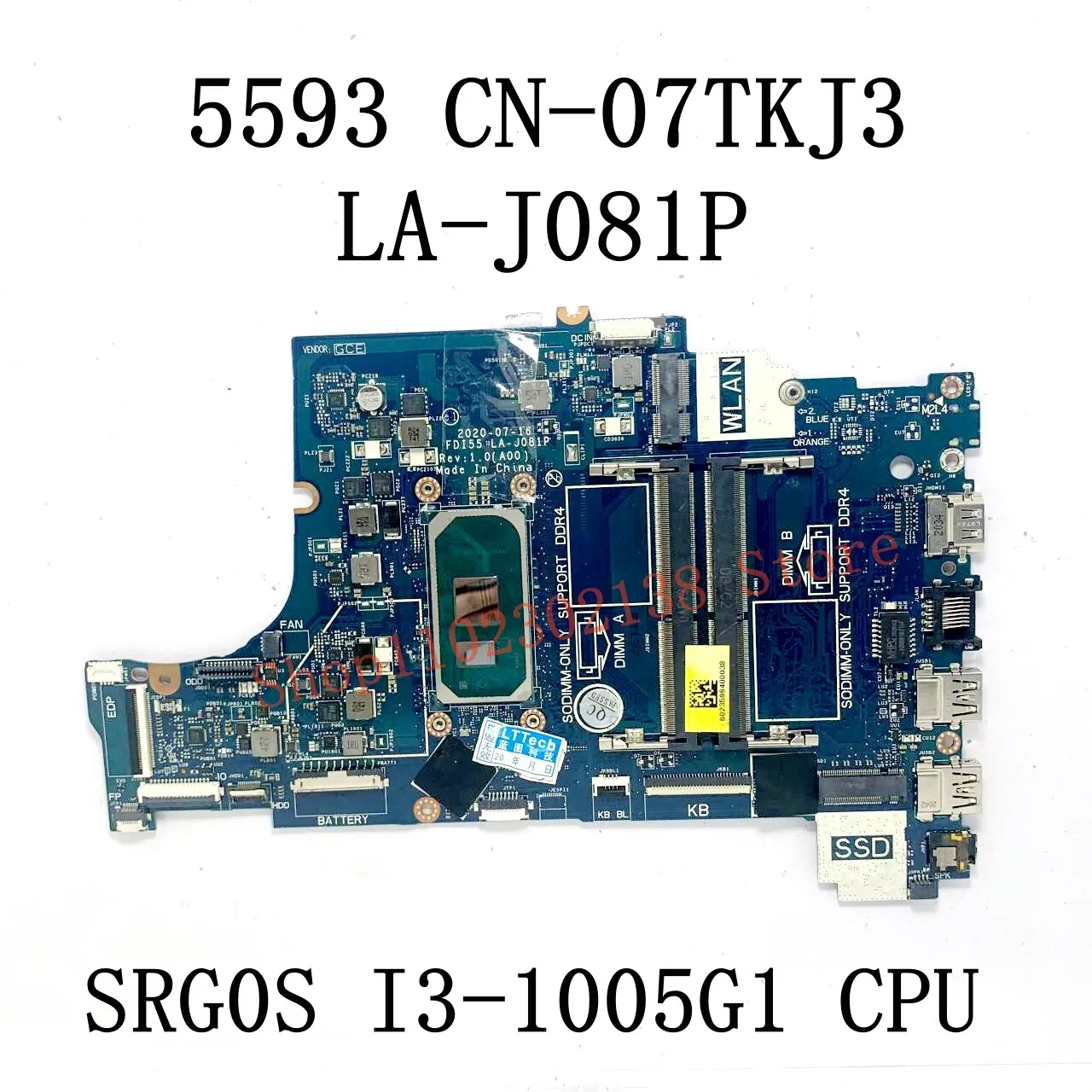 07TKJ3 CN-07TKJ3 047MF0 CN-047MF0 FDI55 LA-J081P With I3-1005G1/I5-1035G1 CPU Laptop Motherboard For DELL 5593 100% Full Test OK