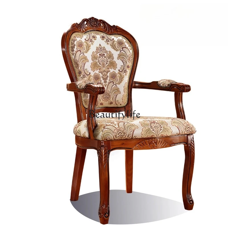 

American country dining chair solid wood carving flower fabric armrest hotel European soft bag dining table chair