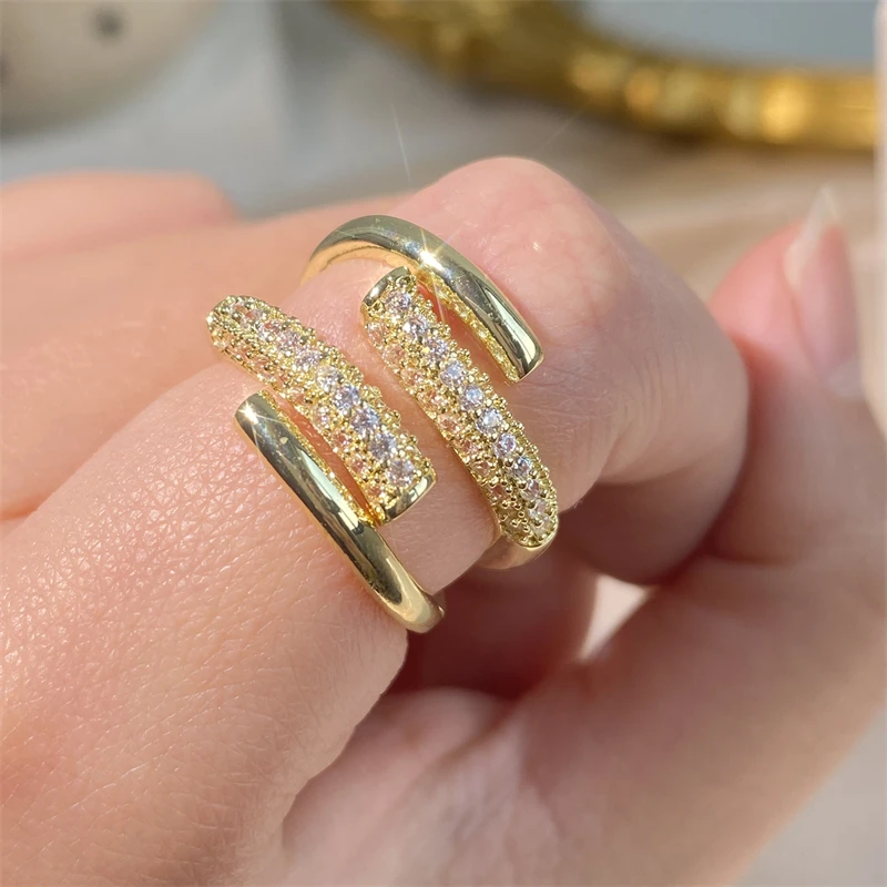 RAKOL Gold Color Micropave Cubic Zirconia Opening Rings For Women Fashion Multi Layer Metal Finger Ring Wedding Party Jewelry