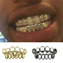 RACHELZ 6/6 Classic 4 Hollow Teeth Grillz Hip Hop Gold Silver Black Color Tooth Caps For Women Men Jewelry Cosplay