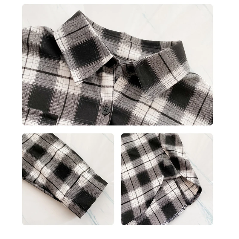 Plaid Shirts Women Long Sleeve Cardigan Vintage Top Black Checked Shirt  Button Up Oversize Korean Fashion Female Coat Jackets