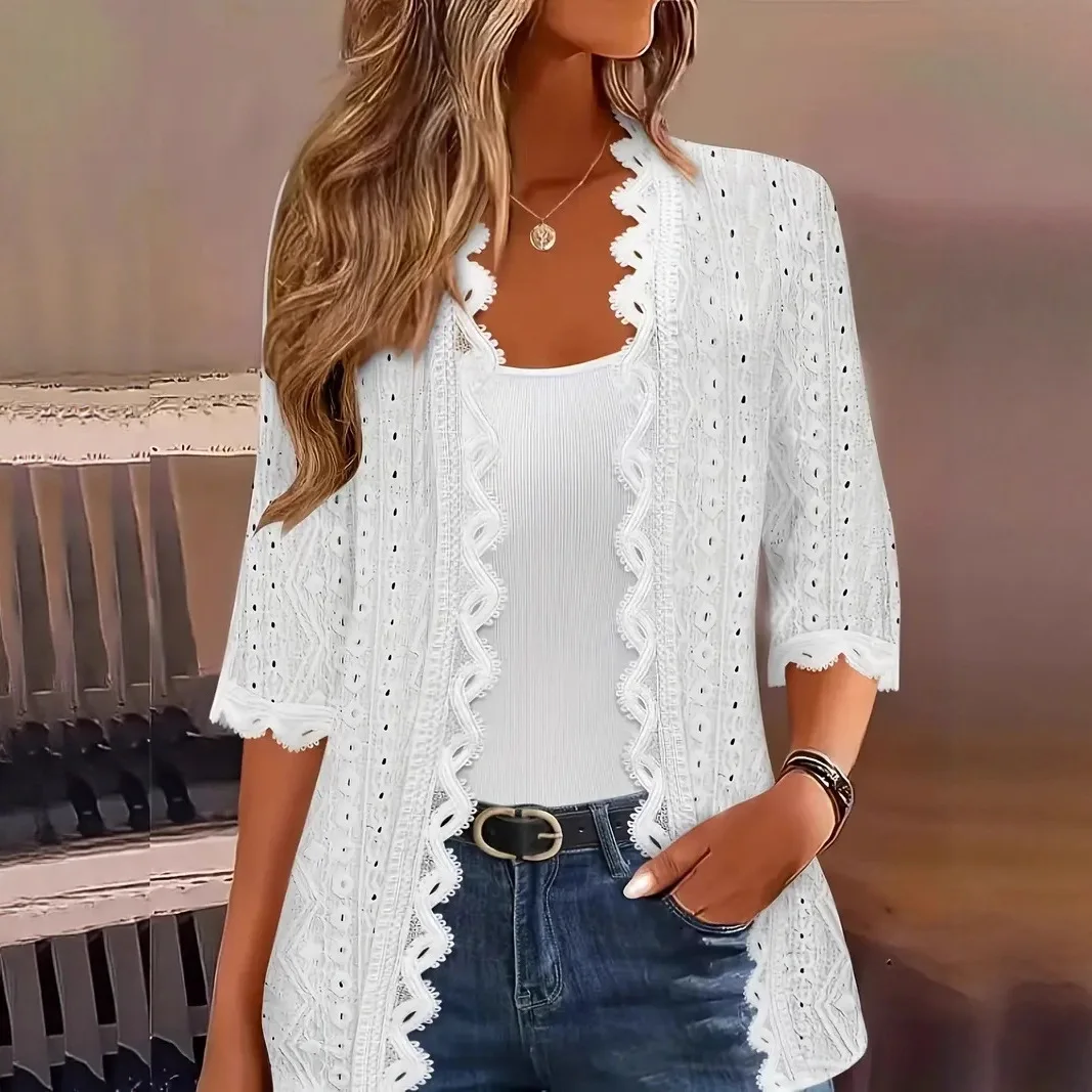 

2025 autumn and winter new women's elegant hollow open placket solid color half sleeve hole eye embroidered fashion coat