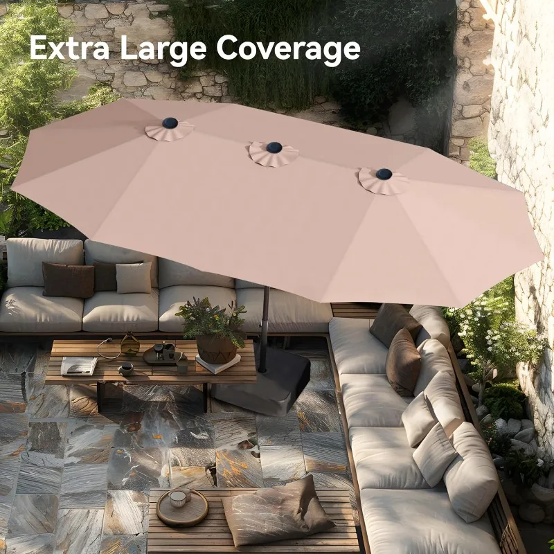 15ft Large Patio Umbrellas with Base Included, Outdoor Double-Sided Rectangle Market Umbrella with Stand, Outside Umbr