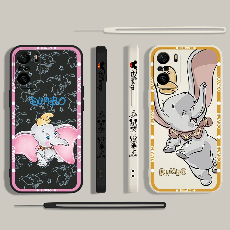 Dumbo Cartoon For Xiaomi Redmi Note 13 12 12Pro 11 11S 11T 10S 10 Pro Plus 5G Liquid Left Rope Phone Case