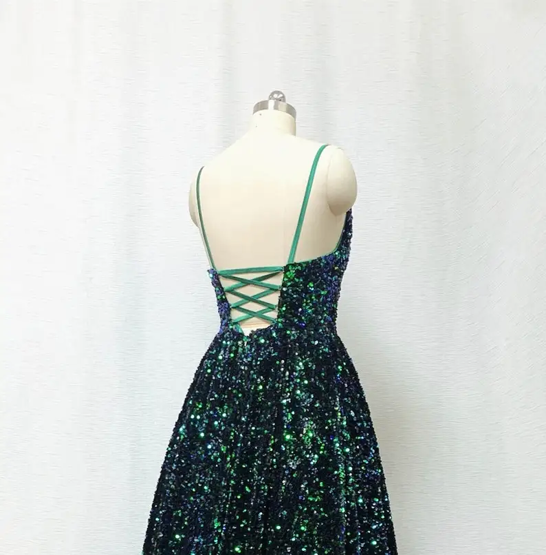 Sequined Bling Bling Green Evening Dress Spaghetti Strap Prom Gowns Long Women Formal Party Gown CUSTOM MADE