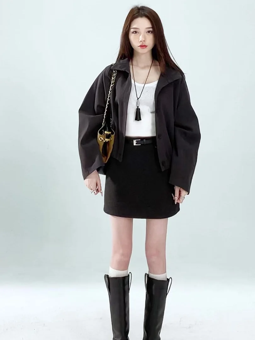 

High Waist ey Woolen Skirt Women's Autumn Winter Faion Slimming Wrap around Skirt A-Line Sle Commute Suitable