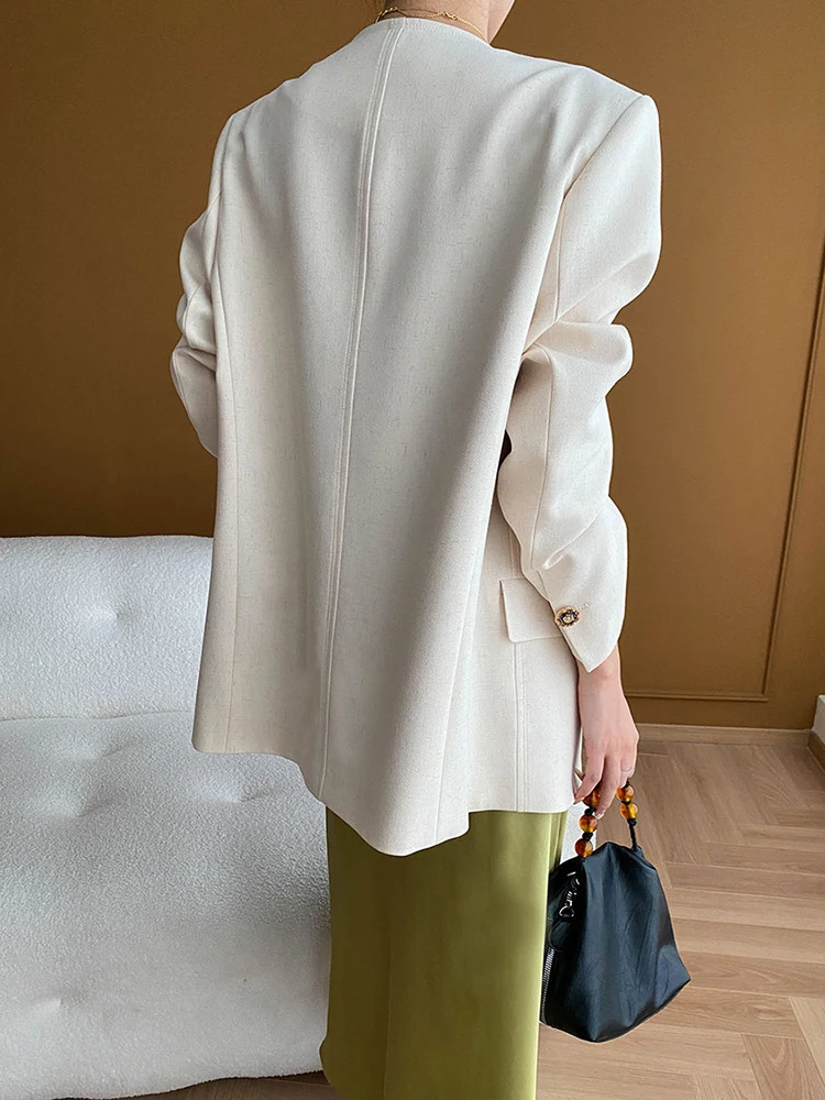 [LANMREM] Office Lady Round Neck Blazers For Women Single Breasted Minimalism Loose Jackets Fashion 2024 Autumn New 26C140