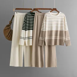 2024 Autumn and Winter Clothes Women New Striped Knitted O-neck Sweater Loose Casual Fashion Set Two Piece Sets Womens Outifits