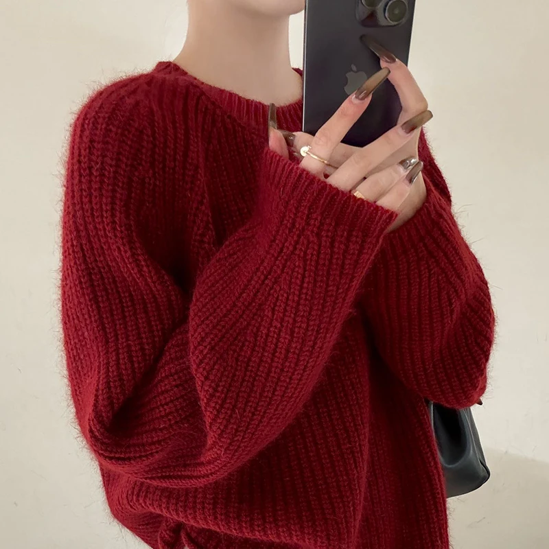 100% Pure Wool Sweater Women\'s 2025 Spring/ Autumn New Round Neck Sweater Solid Color Cashmere Knit Pullover Short Loose Female