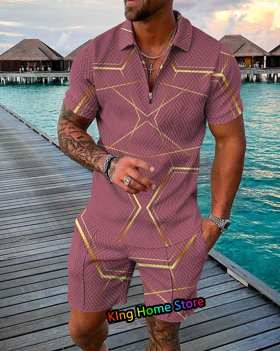 Mode Männer Set Streetwear 3D-Grafiken Druck Kurzarm Revers Polo-Shirt Shorts Anzug Harajuku Sportswear Herren bekleidung