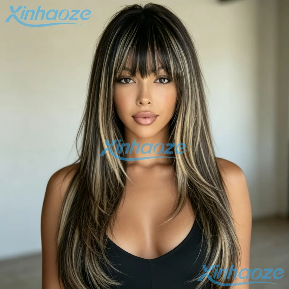 Pre Plucked #1b/27 Highlight 5x5 Silk Top Wigs Fringe Human Hair Black Blonde Straight Glueless 13x6/13x4 Lace Front Wigs