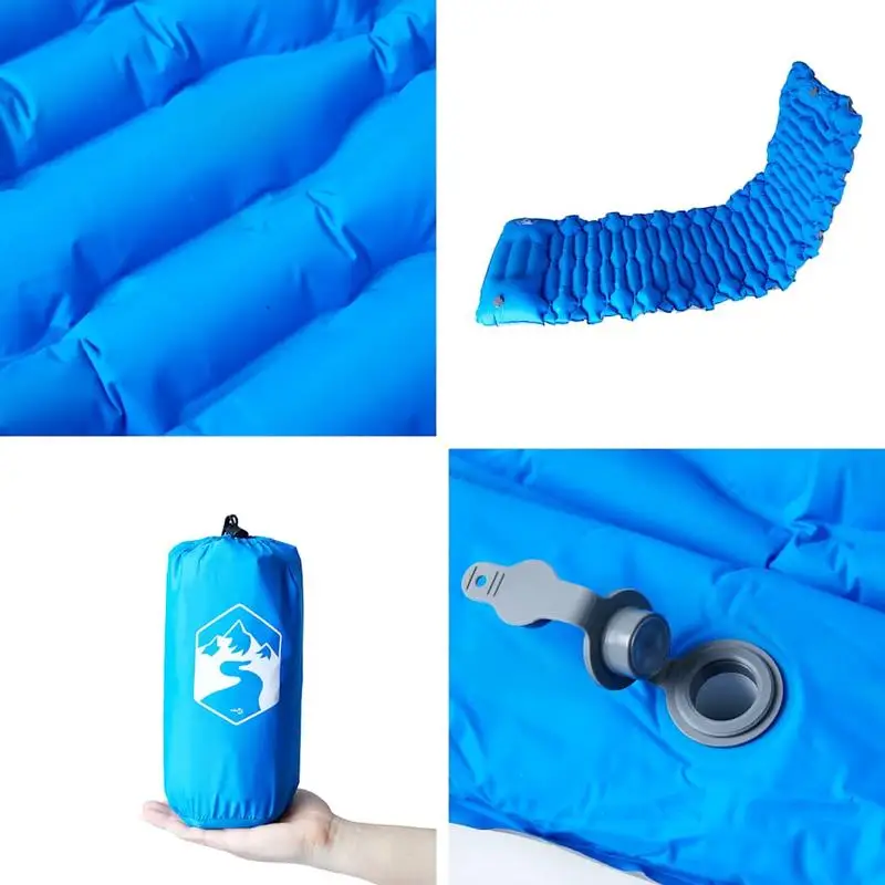 Matelas de camping autogonflant bleu pour une personne en nylon 40D enduit TPU imperméable, pompe à pied intégrée pour gonflage rapide, oreiller ergonomique inclus. Ultra-léger et compact avec sac de transport et autocollants de réparation, isole du froid pour