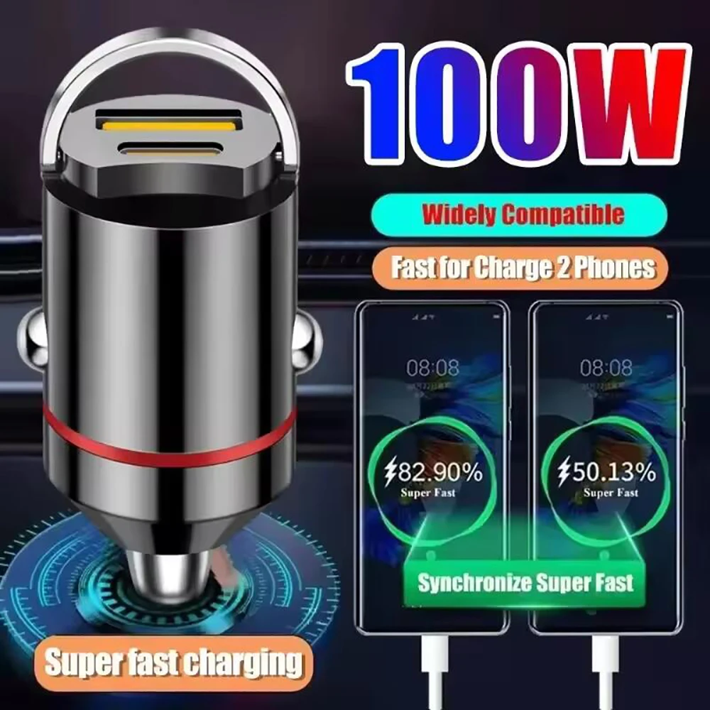100W USB Car Charger Dual Ports Fast Charging Car Phone Charger Adapter For iPhone Samsung Xiaomi Type C Car Cigarette Lighter