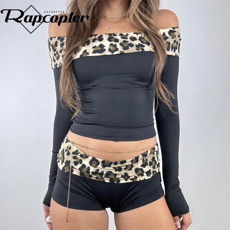 Rapcopter Leopard Patchwork Two Pieces Sets Women Vintage Streetwear Harajuku Autumn Crop Top And Shorts Suits Harajuku Fashion