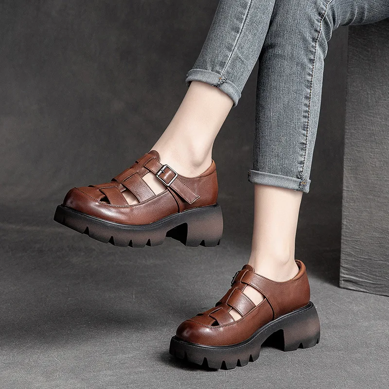 Summer Women Shoes Round Toe Low Heel Shoes Women Solid Women Sandals Casual Genuine Leather Shoes for Women fashion loafers