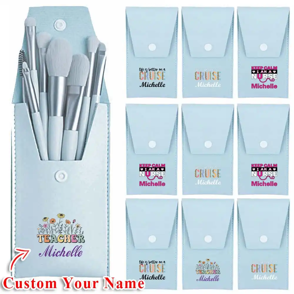 8 in 1 Customized Name Women Makeup Brush Kit with Bag Cosmetic Brush Storage Pouch Container Powder Brush  Personalized DIY