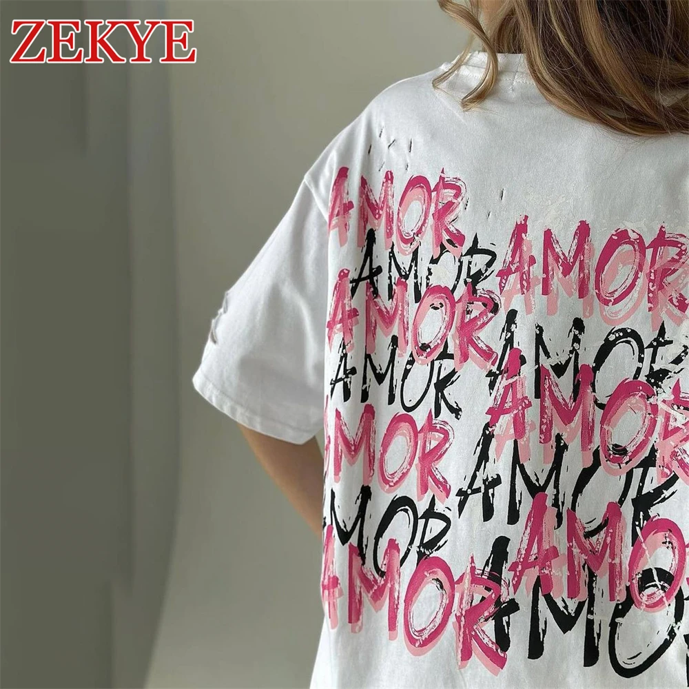 Zekye Hollow Out Summer Loose Tshirt Short Sleeve Vintage Grunge Oversized Aesthetic Streetwear Outfit Top Retro Casual Long