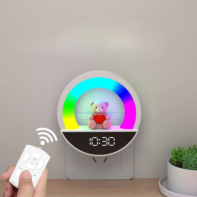 Cute Bear Clock Night Light RGB Colorful Atmosphere Lamp with Remote Control Baby's Room Bedside Lamp Ornaments for Kids Gift