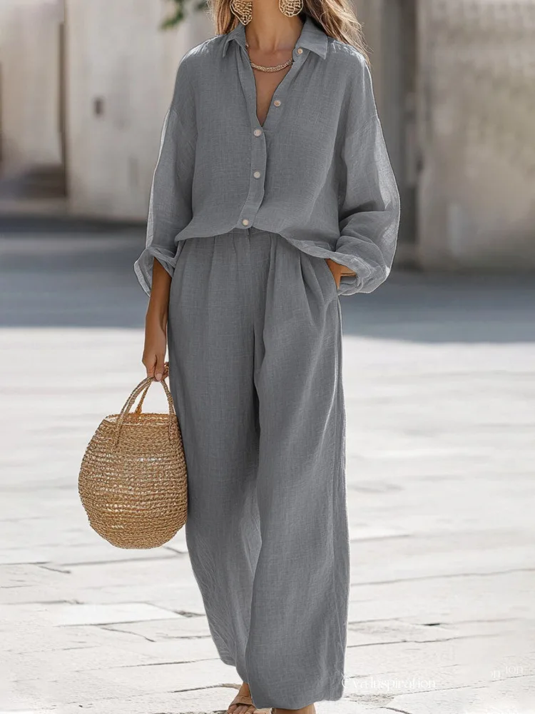 Women's Cotton 2-Piece Set Oversized Long-Sleeve Button-Down Shirt Wide-Leg Pants with Elastic Waist Loose-Fitting for Vacation