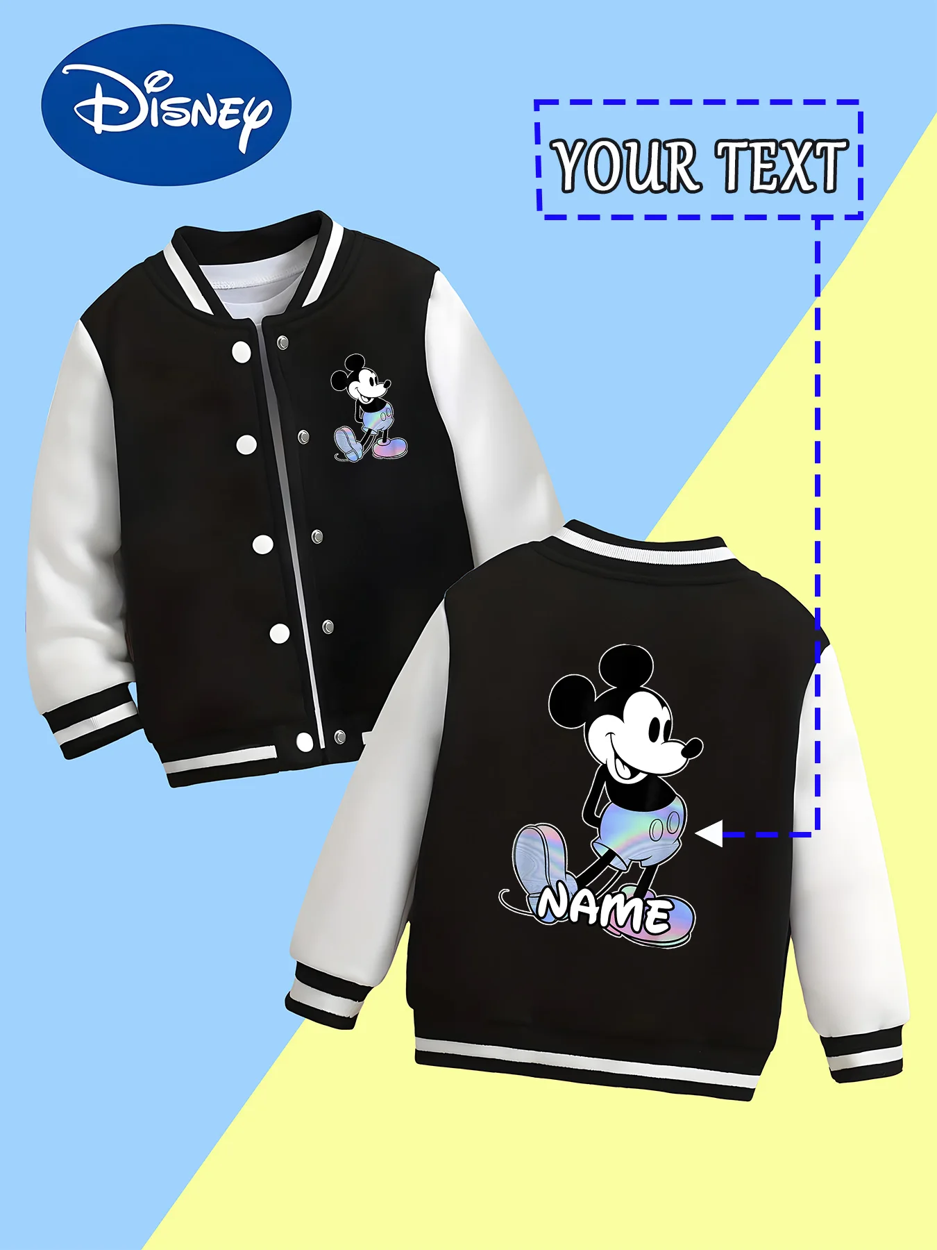 

MINISO Disney Boys Baseball Jacket - Mickey Mouse's colorful skateboard design is trendy and dynamic, perfect for street play or