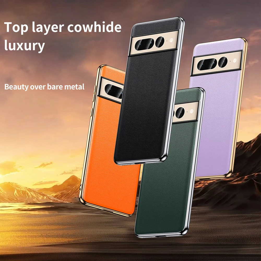 Genuine Cowhide Leather Phone Case for Google Pixel 8 7 6 Pro 7A 6A 7Pro Luxury Plating Shockproof Full Protection Back Cover