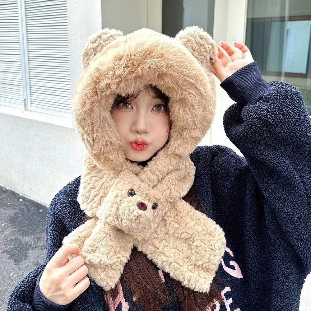 Милая мультяшная шапка с ушками медведя, теплый однотонный плюшевый шарф 2 в 1, утепленный зимний шейный платок, лыжный шарф