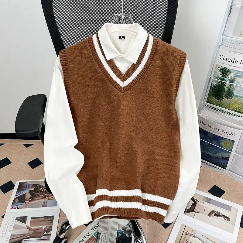 Men's Knitted Vest Sweater Preppy Style Color Matching Stripes Casual Sleeveless Pullover V-Neck Loose Couple Layering Waistcoat view 3