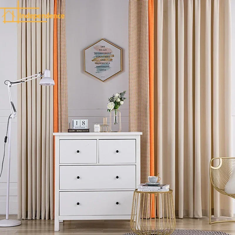 High-end Shading Nordic Simple Houndstooth Color Matching Stitching Modern Light Luxury Curtains for Living Dining Room Bedroom