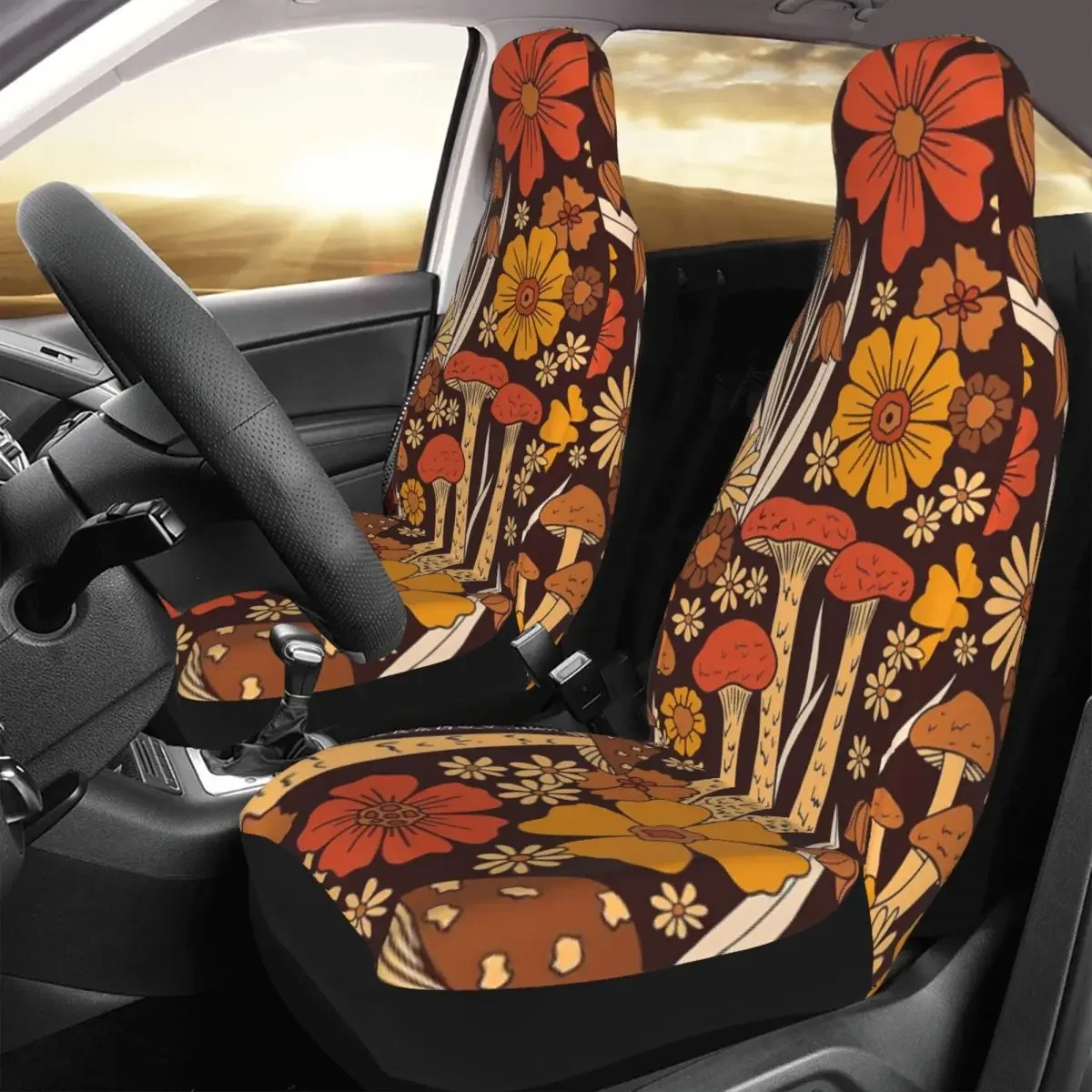 Retro 1970s Brown & Orange Mushrooms & Flowers Spiral Car Seat Cover Custom  Universal Front Protector Accessories Cushion Set