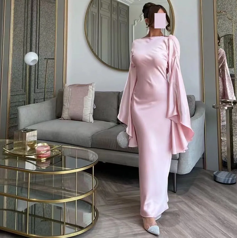 

Merida Pink Backless Flare Sleeves Prom Dresses Satin Mermaid Ankle-Length Arabia Robes De Elegant Evening Dress For Women 2023