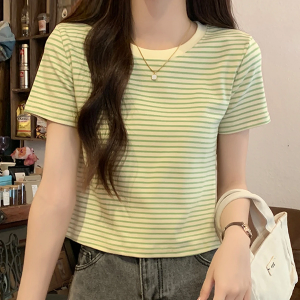 المرأة الجديدة تنوعا قصيرة مخطط قصيرة الأكمام تي شيرت الصيف الكورية عادية نصف كم تي شيرت Spicl فتاة نمط بلوزة مستديرة العنق #4