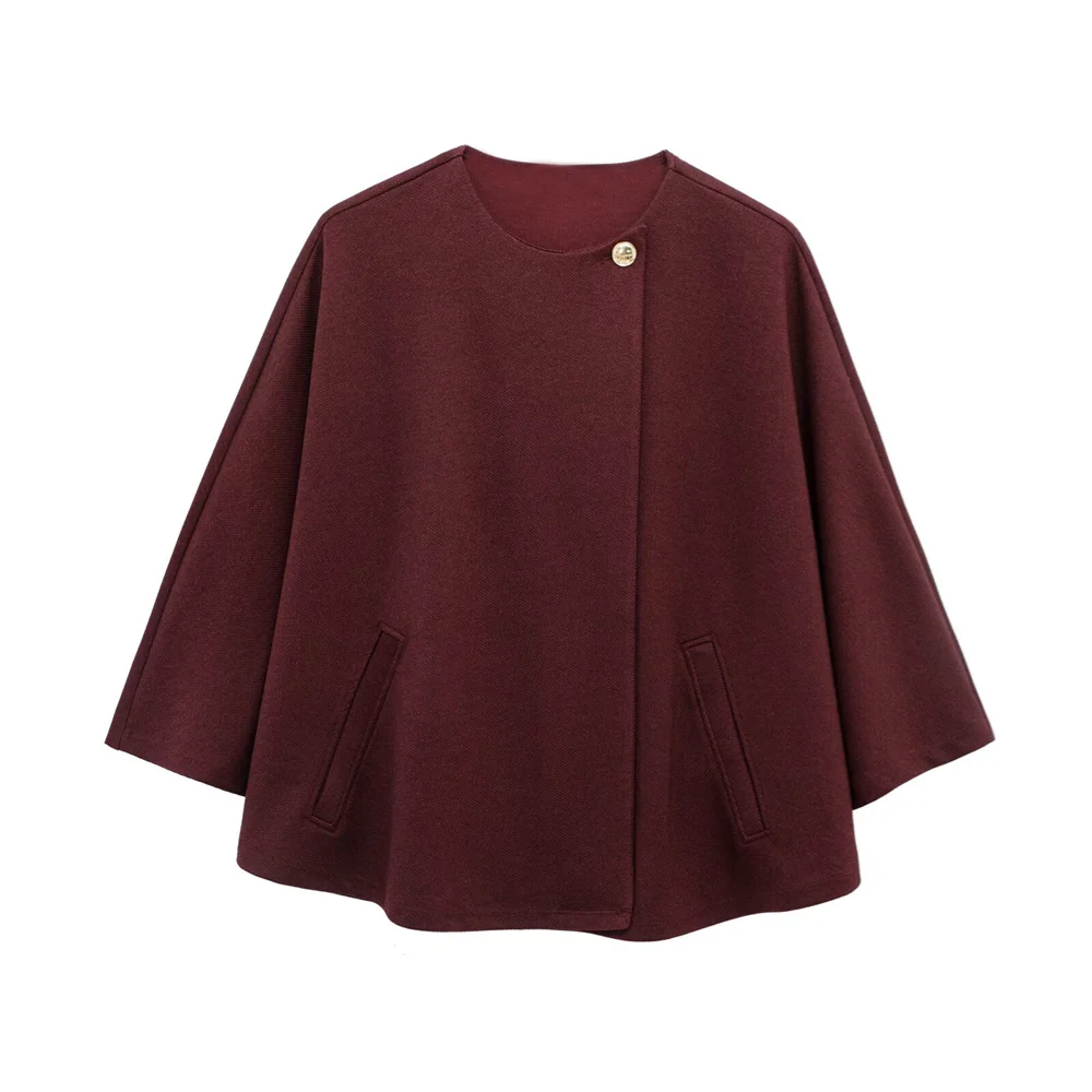 

GELITAYIN Women's Button Decoration Cloak Coat Round Neck Decoration Spring New Casual Women's Clothing