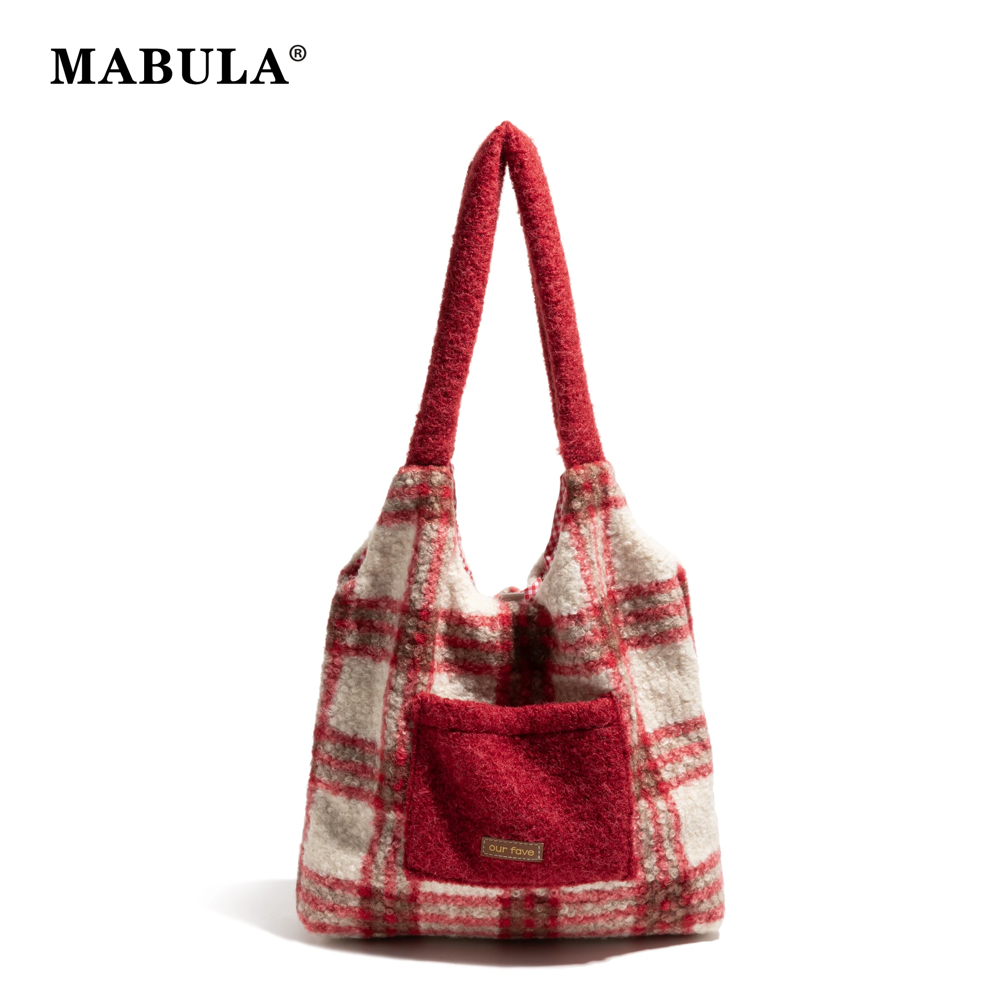 

MABULA Felt Fabric Red Christmas Shoulder Phone Purse Plaid Simple Casual Shopping Pouch For Women Ladies Hobos Handbag