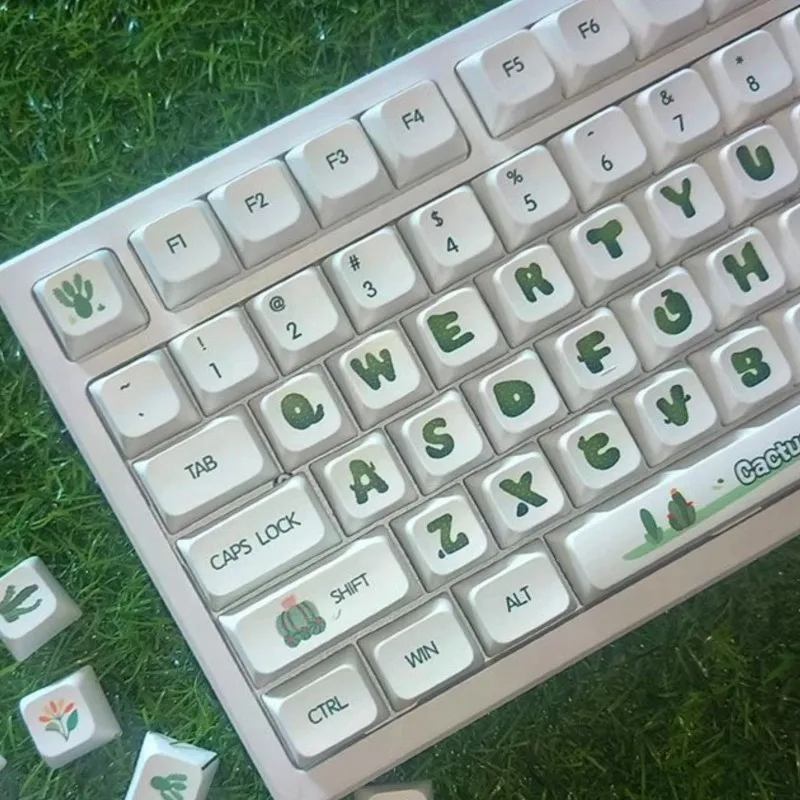 Green Cactus Themed Keycaps XDA PBT Sublimation 124 Keys Cute Keycaps Mechanical Keyboard Key Caps Full Size 60% 100% Keycap