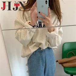 JHJN New Woman Sweatshirts O-Neck Letter Hoodies Long Sleeve Korean Casual Pullovers All-Match Loose Popular Female Tracksuit