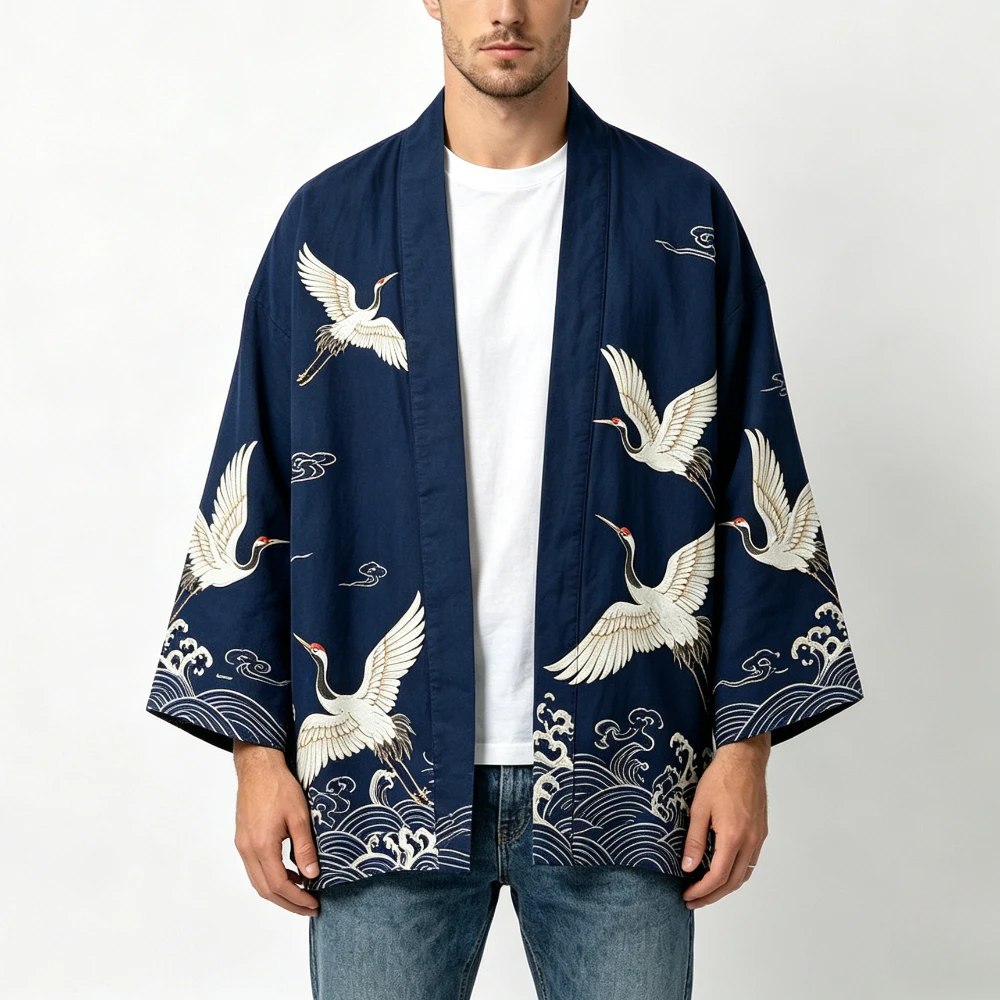 Japanese Kimono Cardigan with Traditional Wave Crane Art Cotton Yukata Robe Coat for Women Men Beach Cover Up Loungewear Clothes