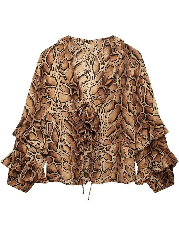 Zevity Women Vintage V Neck Cascading Ruffle Lantern Sleeve Leopard Smock Blouse Femme Lace Shirt Chic Chemise Blusa Tops LS7334