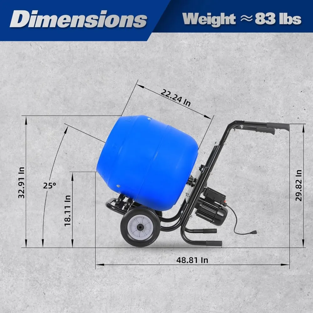 خلاط 4 قدم مكعب. خلاط خرسانة بولي أسطوانة كهربائية محمولة، آلة خلط أسمنتية شديدة التحمل للملاط والجص والفودر
