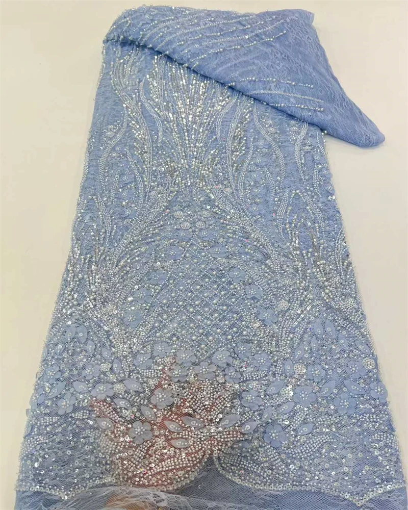Fashion Blue African Lace Fabric Sequins Tulle Mesh Embroidery Lace for Wedding Bridal Fabrics High Quality Laces Dresses