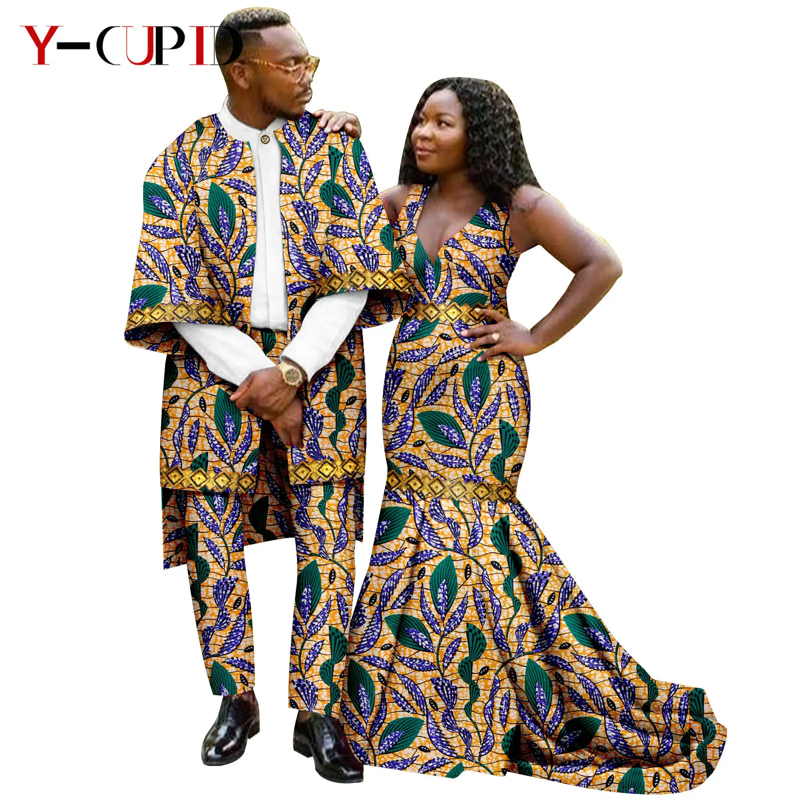 African Print Mermaid Dresses for Women Matching Couple Outfits Dashiki Men Clothes 3 Pieces Shirt Jacket and Pant Sets 24C067