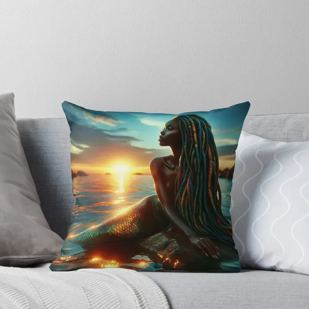 

Black Mermaid with Colorful Locs on Rock Throw Pillow New year Pillows Aesthetic autumn pillowcase pillow