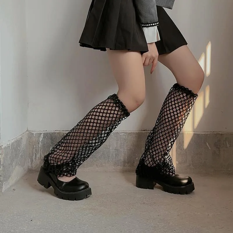 2023 New Punk Gothic Black Fishing Net Long Socks Women Outdoor Knee High Elastic Leg Warmers Girl Cool Breathable Lolita Sock