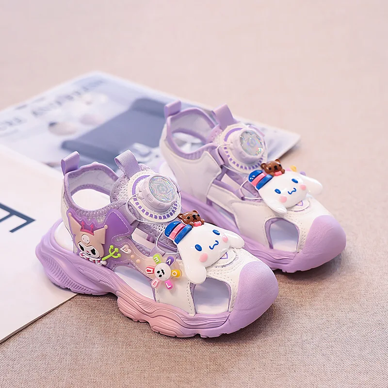 

Детские сандалии Cinnamoroll, летние спортивные туфли из искусственной кожи на плоской подошве для девочек, Нескользящая дышащая обувь розового и фиолетового цвета, размер 24-37
