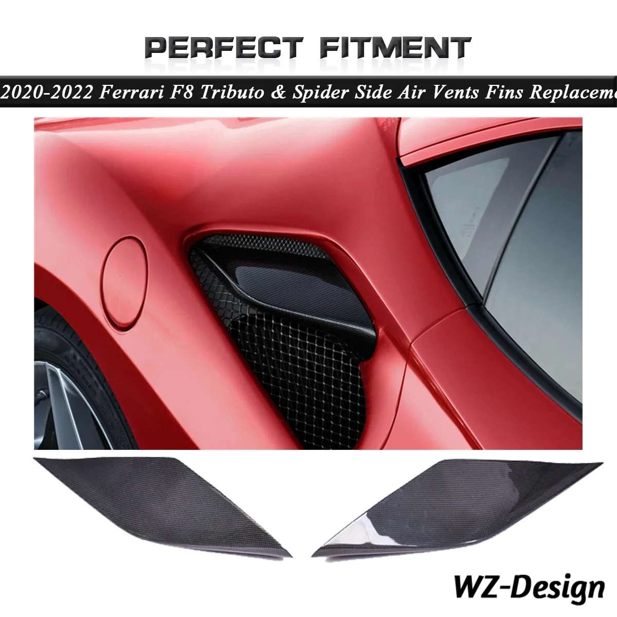 DCF Dry Carbon Fiber Side Air Vents Fins Replacement Fit For 2020-2022 Ferrari F8 Tributo & Spider Side Intake Air Trims