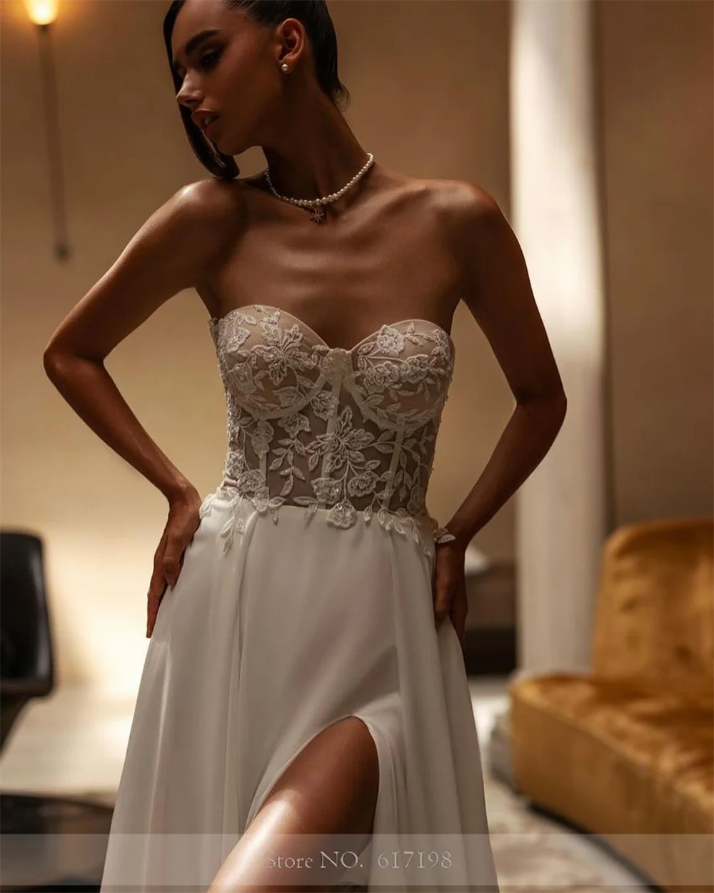 Modesto abito da sposa in pizzo Applique in Chiffon con spalle scoperte per abiti da sposa a-line laterali con spacco alto abiti da sposa robes de soirée